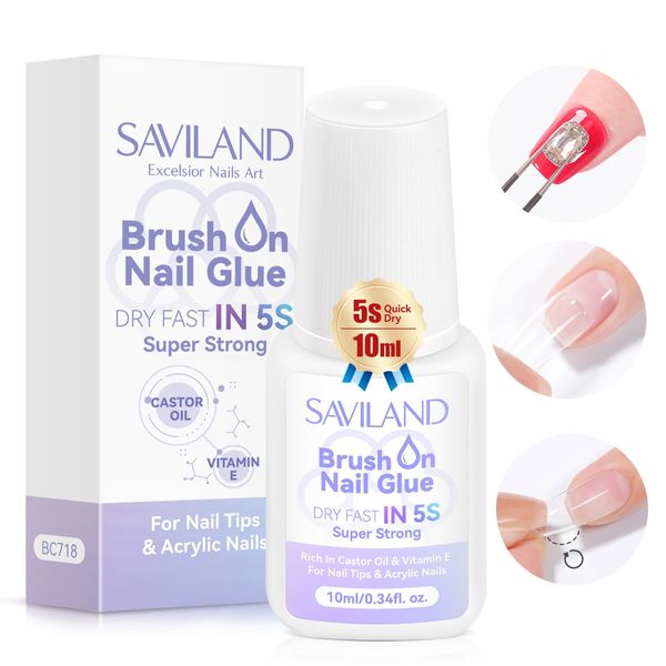 Saviland Nail Glue: 5s Fast Dry Nail Glue Extra Strong Brush-on for Press on Nails Acrylic Nail Tips for Gel Extensions French False Nails Nail Stickers Toe Nails False Nail Supply for Beginners, 10ml