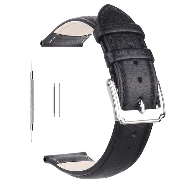 Berfine 20mm Black Calf Leather Watch Band Replacement,Extra Soft Watch Strap for Men Women