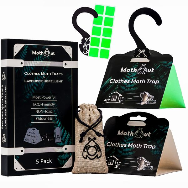 MothOut 5 Pheromone Clothes Moth Traps, Carpet Moth Killer + Lavender Moth Repellent for Wardrobe Protection + 10 Glowing Attractants, Odourless Sticky Cloth Moths Trap, Safe Home Anti Moth Treatment