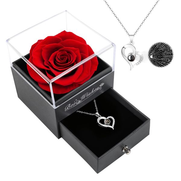 Preserved Rose Birthday Gifts For Women,Red Preserved Flowers Christmas Rose Gifts for Women,Fresh Real Rose Flower With Necklace for Mom,Grandma,Wife Gifts For Christmas,Thanksgiving