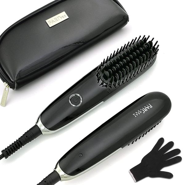 Mini Hair Straightening Brush, FARI Travel Hair Straightener Brush Dual Voltage Ionic Hot Comb with Travel Pouch