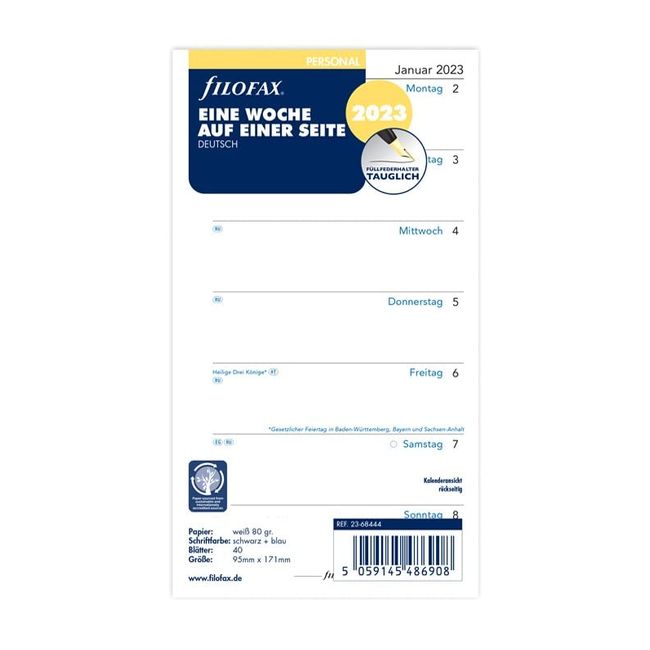 Filofax Personal 1 Woche auf 1 Seite (deutsch)2023, 23-68444, White