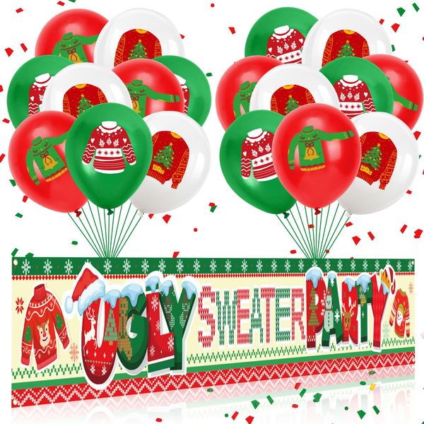 HOWAF Ugly Sweater Christmas Party Decoration Set, Ugly Sweater Party Yard Sign Banner Ugly Sweater Latex Balloons for Winter Christmas Xmas Holiday Yard Outdoor Ouside Decoration