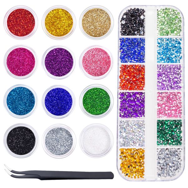 Becellen Nägel Glitzer und Strasssteine Set, 12 Farben Feine Glitzerpulver für Nagel, 2400 Stück Glitzersteine Nägel für Nail Art Nageldesign