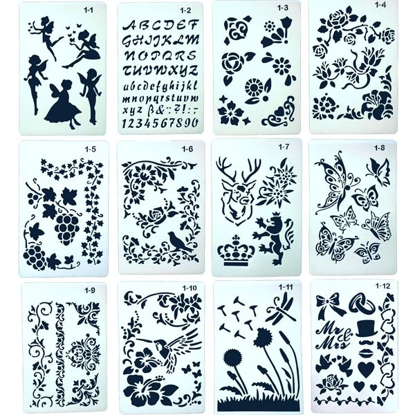 Copeflap Stencil Sheets 12 Pack Stencil Planner Template Stencil Plate Alphabet Numbers Letters Drawing (Floral Pattern)