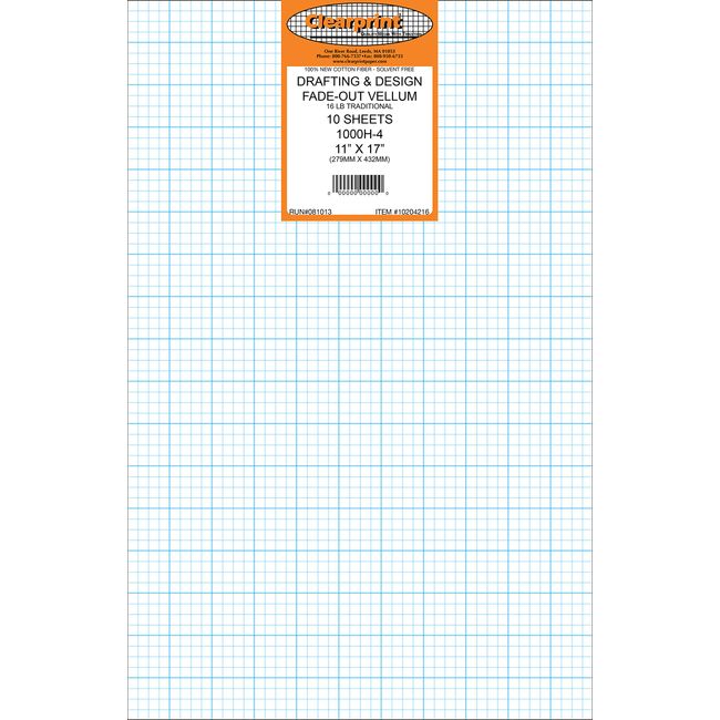 Clearprint Vellum Sheets with 4x4 Fade-Out Grid, 11x17 Inches, 16 lb., 60 GSM, 1000H 100% Cotton, 10 Sheets Per Pack, Translucent White (10204216)