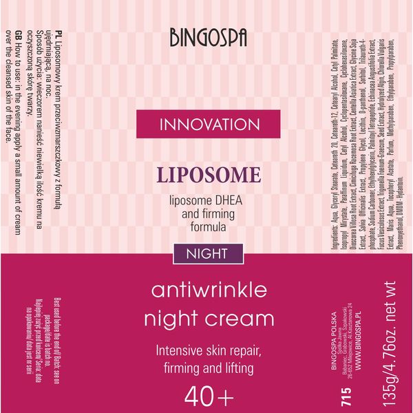 Anti-Aging Anti-Falten Liposomen straffende Nachtcreme für reife Haut 135g BINGOSPA innovation