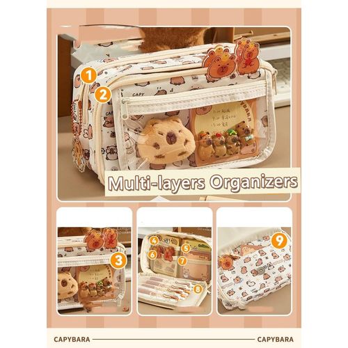 NAPIMICO Flip Top Pencil Case Cute Pencil Pouch with Kawaii Capybara Decors Makeup Bag Aesthetic Pen Holder Office Stationery (Brown)