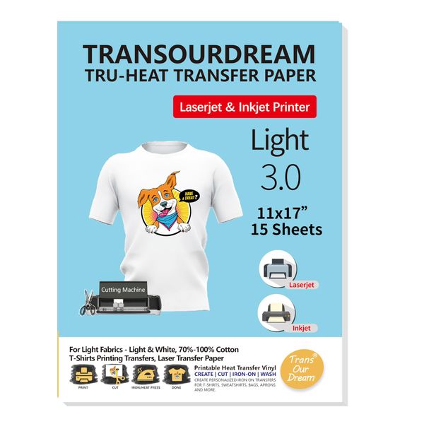 TransOurDream Iron on Heat Transfer Paper for White Light T Shirts (15 Sheets, 11x17", Light 3.0) Printable HTV Heat Transfer Vinyl for Laserjet & Inkjet Printers