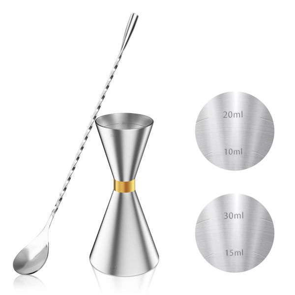 YOUSHY 30ml/45ml Jigger Cup Graduated Cocktail Measuring Measuring Cup Whiskey Measuring Bar Spoon 26cm Measuring Cup Stainless Steel Bartender Essential Set (Jigger Cup + Madras Spoon)