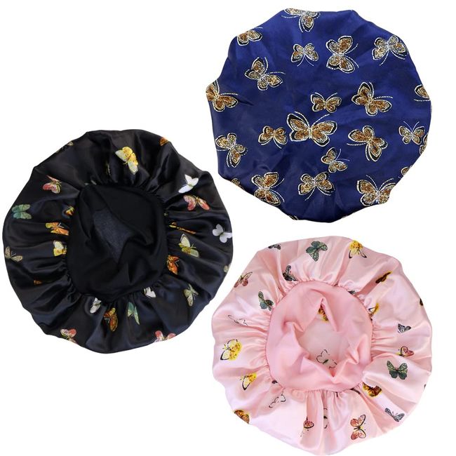 TCOTBE 3 Pcs Soft Satin Bonnet Silk Bonnet Hair Wrap for Sleeping Silk Sleeping Cap with Wide Elastic Band Night Sleep Cap Bonnets Hair Cover Single Layer Night Sleeping Head Cover for Women Black