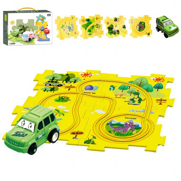 Puzzle Track Car Play Set - DIY Car Tracks Children's Educational Puzzle Board with Electric Vehicle Toy for Toddler Boys Kids Gift (Dinosaur-5PCS)