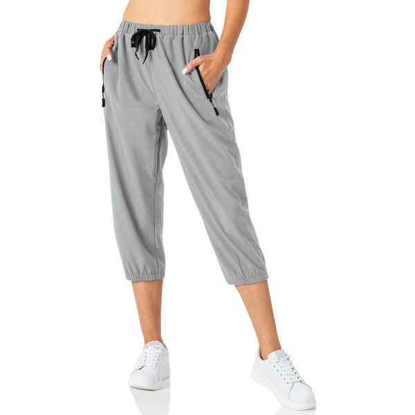 Butrends Damen Leichter Jogger Caprihose Casual Workout 3/4 Workout Joggerhose Sonnenschutz UPF 50+ Wanderhose mit Tasche (M, Hellgrau, m)