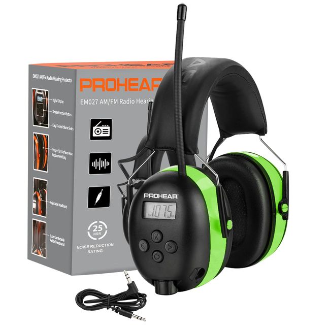 PROHEAR 027 AM FM Radio Headphones with Digital Display, 25dB NRR, Safety Ear Protection Earmuffs for Mowing, Snowblowing, Construction, Work Shops - Green