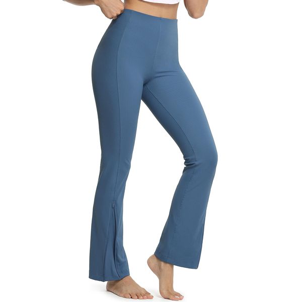 icyzone Damen Yogahose Gerippt Bootcut Jogginghose Sporthose Hohe Taille Flare Hose Yoga Pants (XL, Blau)