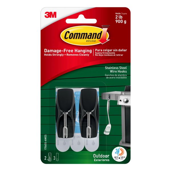 Command Outdoor BlackStainless Steel Wire Hooks, 17065AW, 2 Hooks, 3 Stripsy