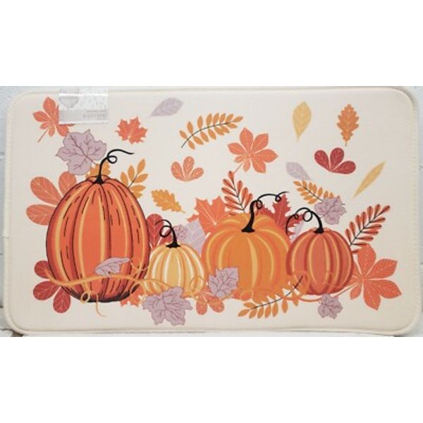 MEMORY FOAM CUSHIONED BATH MAT(18x30")FALL THEME,PUMPKINS & LEAVES,Harvest Homes