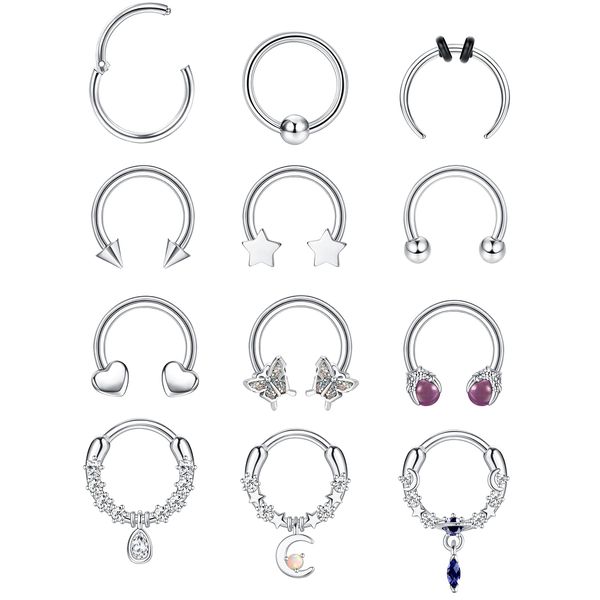 THUNARAZ 16G 10MM Septum Rings for Women Men Surgical Steel Septum Jewelry Horseshoe Hoop Septum Piercing Jewelry Silver