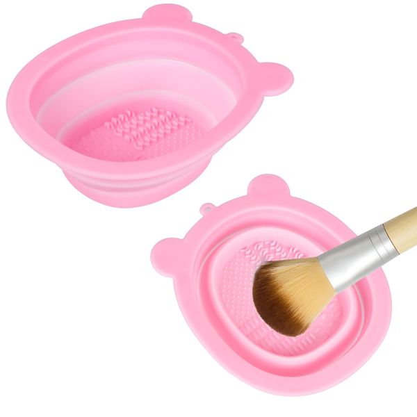 Acooruiteng Makeup Brush Cleaner Mat Foldable Silicone Makeup Brush Cleaning Mat Portable Makeup Brush Cleaning Pad Makeup Brush Cleaning Bowl for Makeup Brush Makeup Sponge Powder Puff (Pink)