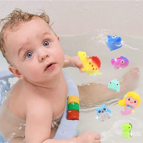 yoliyogo Animal Toy Bath Floating Toy with Auto Flashing Early Learning Toy Package with 8 Pcs Dinosaur Shark Flamingo Mermaid Etc Bathtub Shower Toy Gift for Kids&Pets