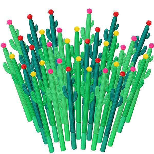 Cactus Shaped Roller Pens Novelty Cactus Plant Gel Ink Pens Cactus Shaped Ballpoint Black Cactus Gel Ink Rollerball Pen with Flower for Summer School Home Office Supplies Gift, 3 Colors (36 Pack)