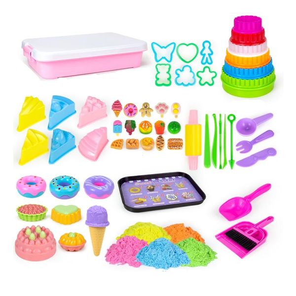 QAMEGX Play Sand Art Kit- Birthday Cake Sensory Bin for Girl Kid Toy 3-6, Math Educational Sensory Training Montessori Educational Activities Toys with Sorting Bowls for Boys Girls Kids