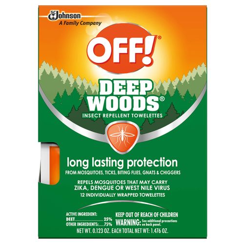 OFF! Deep Woods Insect Repellent Towelettes, Long Lasting Protection from Mosquitoes, Unscented, 12 Count Individually Wrapped Wipes