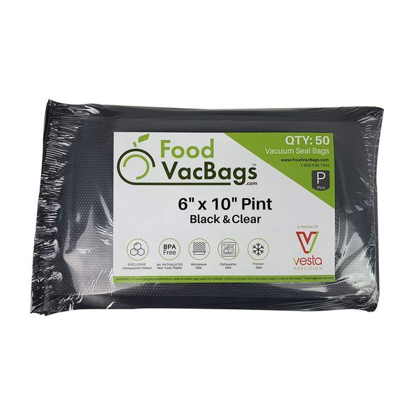 50 Pint 6" X 10" FoodVacBags Black & Clear Vacuum Sealer Storage Bags/Pouches, BPA Free, Perfect for Sous Vide and FoodSaver