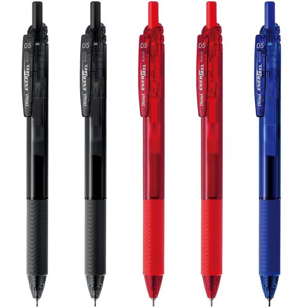 Pentel EnerGel S AMZ-BLN125-5 Gel Ink Ballpoint Pen, Tip Diameter: 0.02 inches (0.5 mm), Black x 2, Red x 2, Blue x 1, Total Count: 5