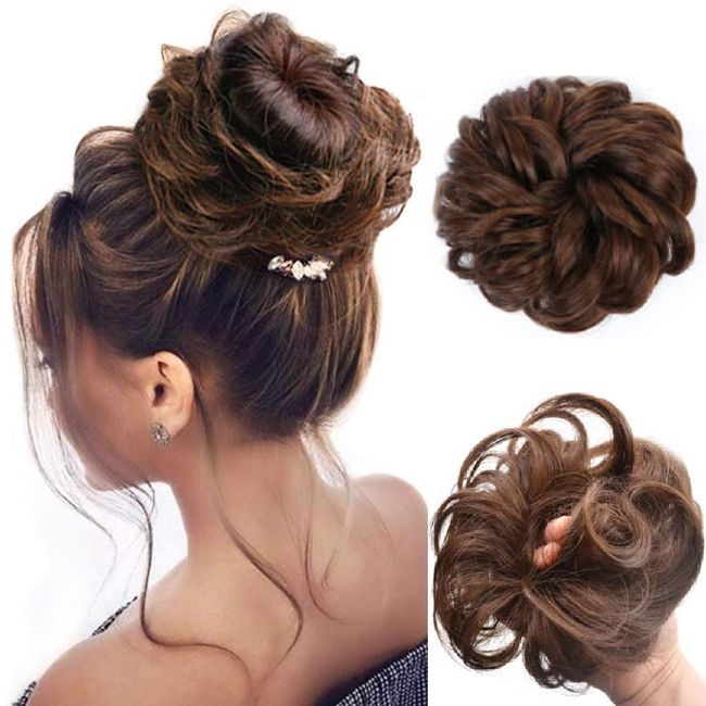 YBLelia Messy Bun Hair Piece Ponytail Extension Curly Hair Scrunchie Extension Elastic Band Updo Hair Donut Chignons Thick Wavy Hairpiece Bun for Women, Prom, Wedding (Light Brown)