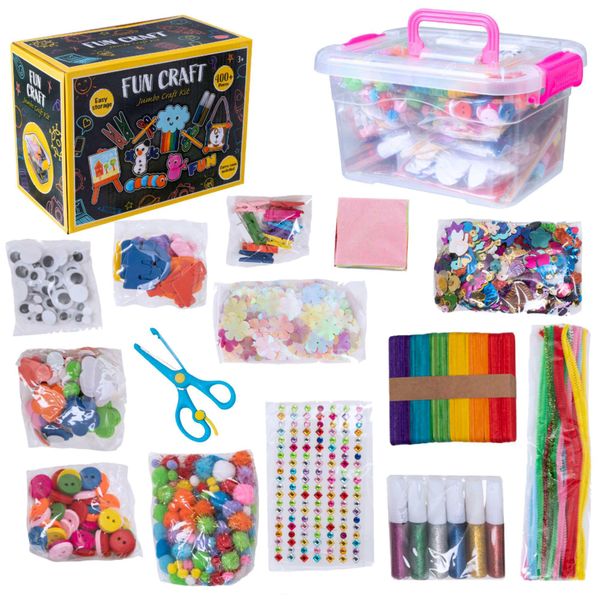 Fun Craft Arts and Crafts Supplies Kit with Storage Box| 400+ Pcs Arts and Crafts for Toddlers Kids Scissors Lolly Sticks Pipe Cleaners Googly Eyes Foam Letters Flowers Craft Kits for Kids Ages 3+