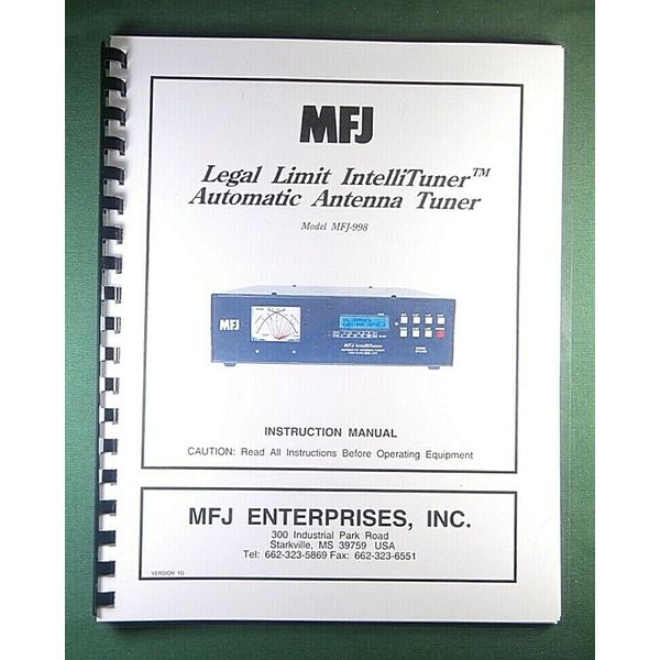 MFJ 998 Auto Antenna Tuner Instruction Manual: w/Clear Protective Covers!