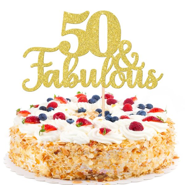 1 PCS 50 & Fabulous Cake Topper Gold Glitter 50th Birthday Anniversary Cake Pick Decoration for 50th Birthday Wedding Anniversary Party Decorations Happy 50th Birthday Cake Decorations Supplies