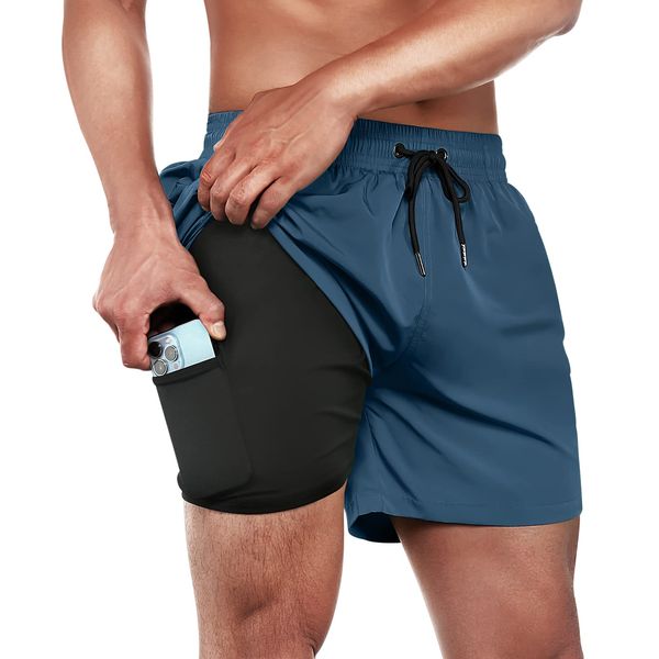 ineepor Badehose Herren mit Kompression Badehose mit innenhose Board Shorts 2 in 1 Reißverschlusstasche kurz Badehose,Copenblau,XS