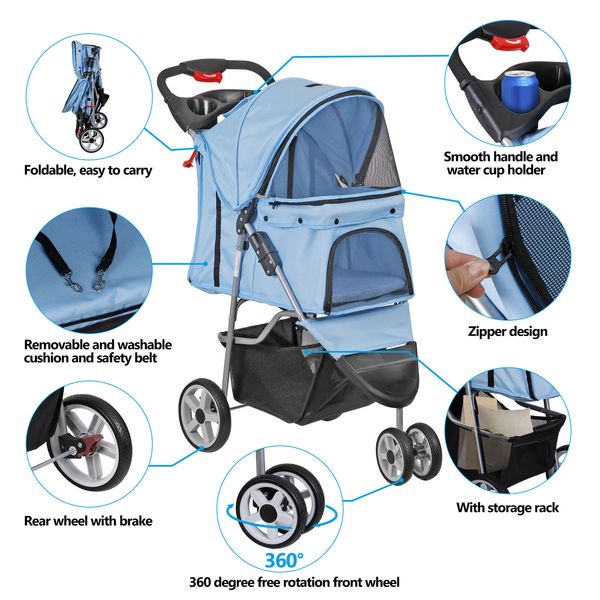 Pet Stroller Dogs & Cats Travel 3 Wheeler Blue Carrier Cart W/ 2 Cup Holder