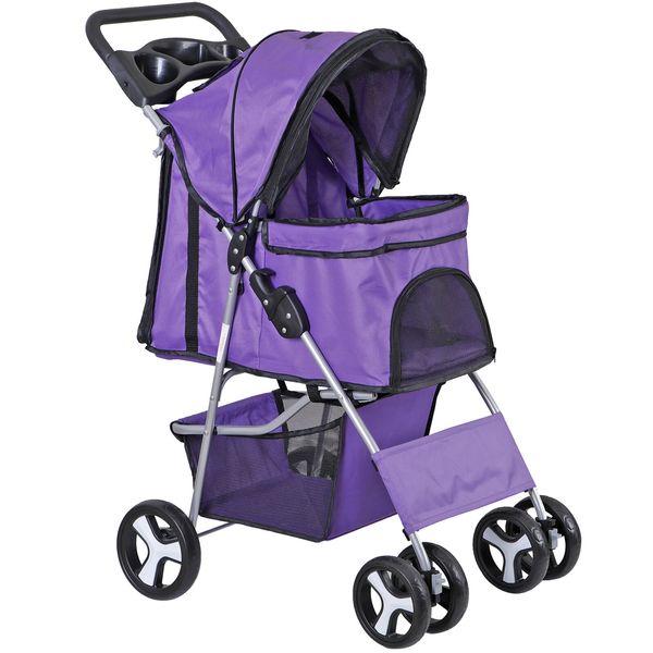 Purple Pet Travel Carriage 4 Wheel Dog Stroller Foldable Carrier Cart Cup Holder