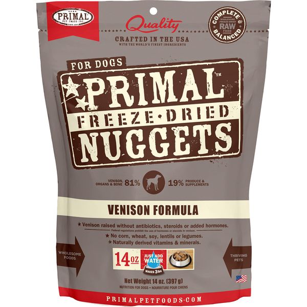 Primal Freeze Dried Dog Food Nuggets, Venison; Complete & Balanced Meal; Also Use as Topper or Treat; Premium, Healthy, Grain Free, High Protein Raw Dog Food, 14 oz