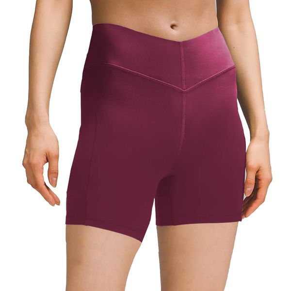 sissycos Damen Sportshorts mit Taschen V Cross, Leggings Kurz für Fitness Gym Strumpfshort, Elastische Radlerhose Sweatpants 10cm(Magenta,S)