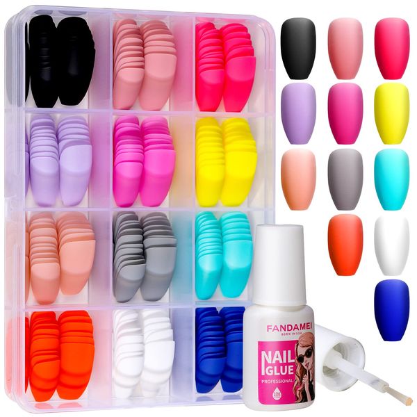 Press on Nails Medium Coffin, FANDAMEI 12 Packs 288PCS Matte Press on Nails Medium Length, Acrylic Fake Nails Full Cover Medium, Glue on Nail with 7g Nail Glue, 12 Matte Color Press on Nails Coffin