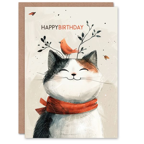 Birthday Card Happy Cat Pet Bird Friend on Head For Son Daughter Girl Boy Kids