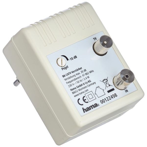 Hama Antennen-Verstärker für Kabel TV/DVB-T/Radio (regulierbar, Koax-Buchse/Koax-Stecker, Signalverstärkung bis zu 20 dB) weiß