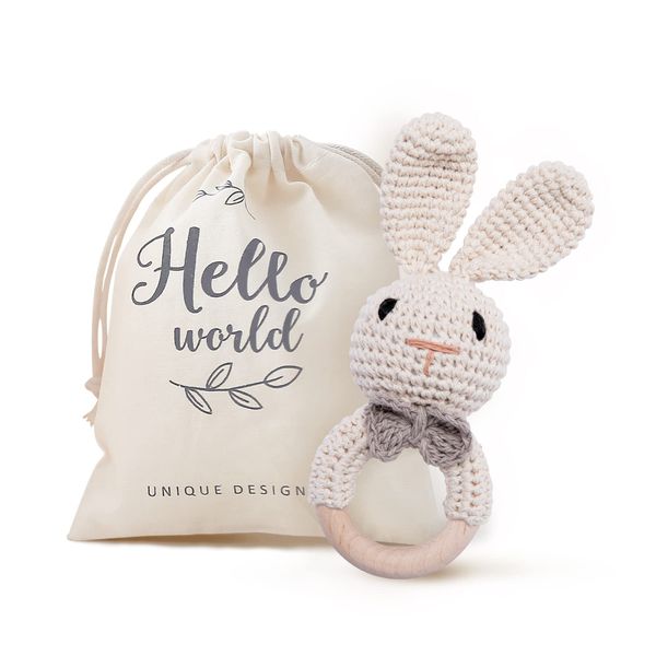 Youuys Wooden Baby Rattle Toys, Easter Bunny Rattle for Baby Crochet Bunny Rattle Toy Natural Wood, Shaker Rattle for Hand Grips, Boy Girl First Rattle Gift, Newborn Gifts (Bunny)