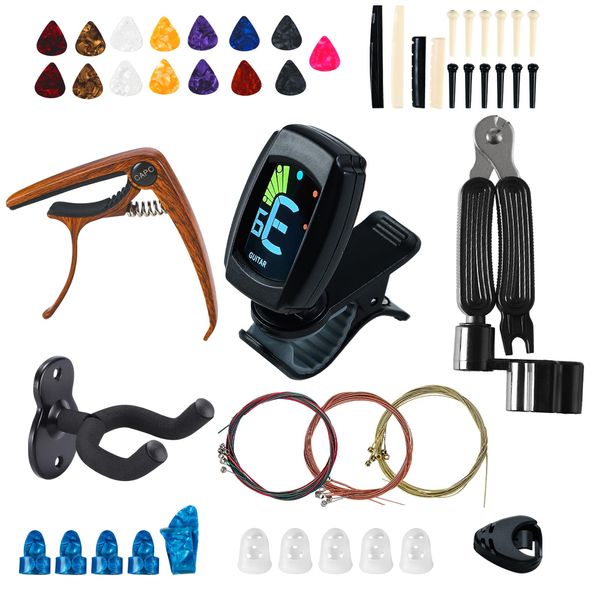 Acoustic Guitar Accessories Kit 68PCS,Including Acoustic Guitar Strings,Guitar Capo,Guitar Picks,Guitar Tuner,Guitar Wall mount,Guitar Bridge pins and other Guitar Accessory