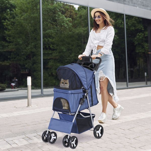 Navy Blue Metal Frame Pet Stroller for Travel and Outdoor Adventures