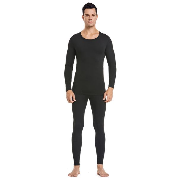 PISIQI Thermal Underwear Men Ultra-Soft Long Johns Set with Fleece Lined Base Layer Winter Skiing Warm Top & Bottom Black