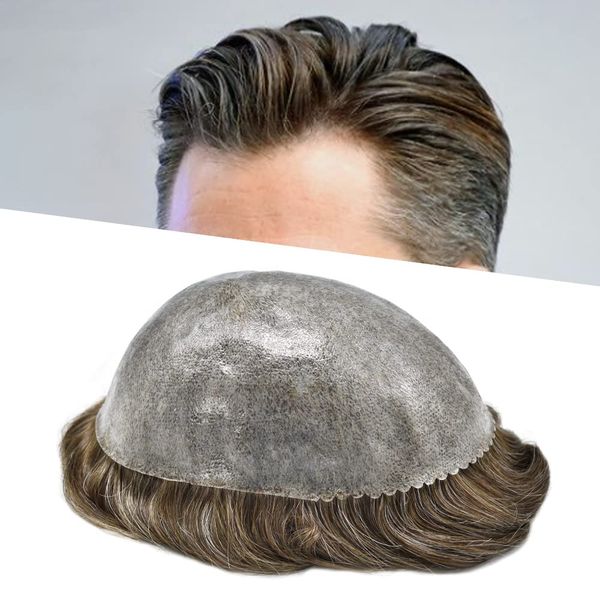 Healthlif Toupee For Men Real Human Hair Full PU Mens Hairpiece Natural Looking Toupee Men Hair Rrplacement System Mens Hair Pieces For Thinning Hair 8X10#530#5 Medium Light Brown+30% Grey