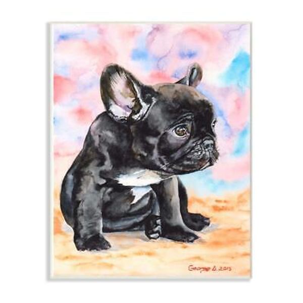 French Puppy Dog Pet Animal Watercolor Painting Wall Plaque, 10 x 15, Multi-C...