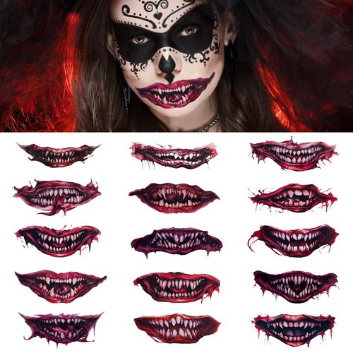 Buouo Halloween Prank Makeup Temporary Tattoo, 12pcs Clown Horror Mouth Fake Tattoo Stickers for Adults Kids, Halloween Costumes Tattoos Decals Kits Prank Props for Halloween Cosplay Party Style B