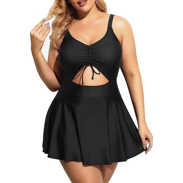 Yonique Women Plus Size One Piece Swimsuits with Skirt V Neck Floral Printed Swimdress Cutout Bathing Suits Black XXL