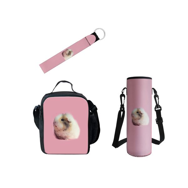 Kuiaobaty Kids Insulated Lunch Bag Set Cute Guinea Pig Girl Pink Water Bottle Holder Wristlet Keychain Student Meal Bag